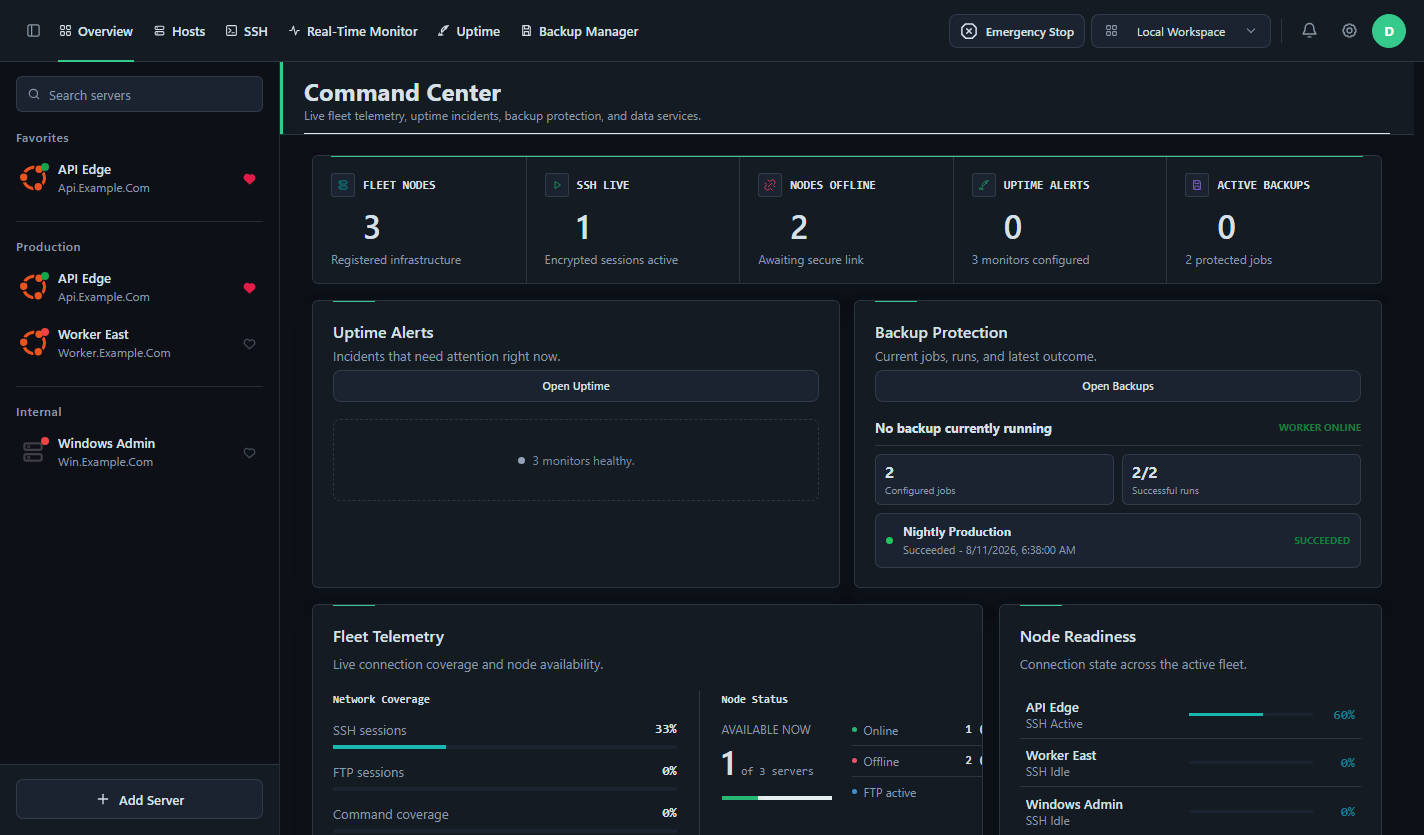 DeployerX Command Center showing server inventory, live SSH sessions, uptime alerts, backup protection, and fleet telemetry